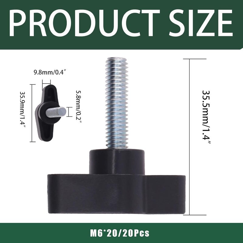 Keadic 20 Pcs M6x20 Clamping Screw Knob Thumb Screws, Carbon Steel 36# Threaded Knurled Thumbscrew Screw on Tee Wing Plastic Knob (1/4”x 25/32”) - Image 2